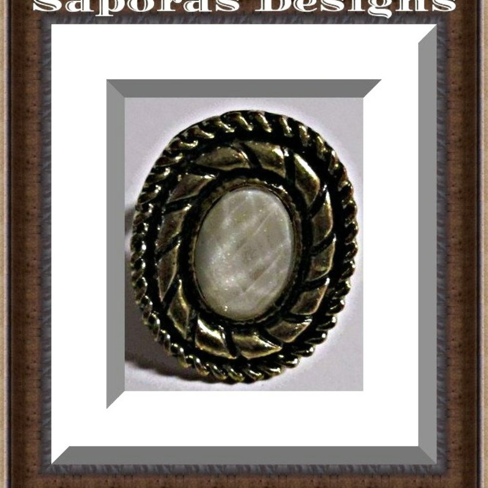 Antique Bronze In Color Ring With White Bead Size 8 & Adjustable To Fit Most